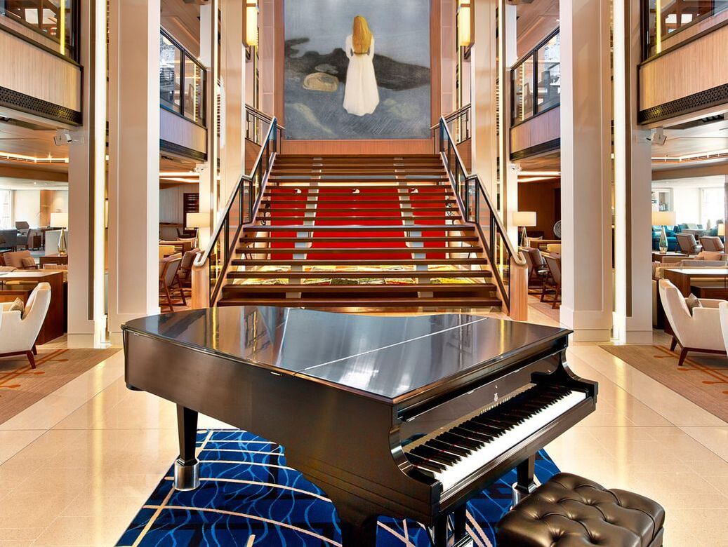Viking cruise ship atrium with baby grand piano