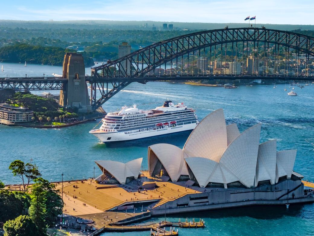 Viking cruise ship in sydney harbor with the opera house